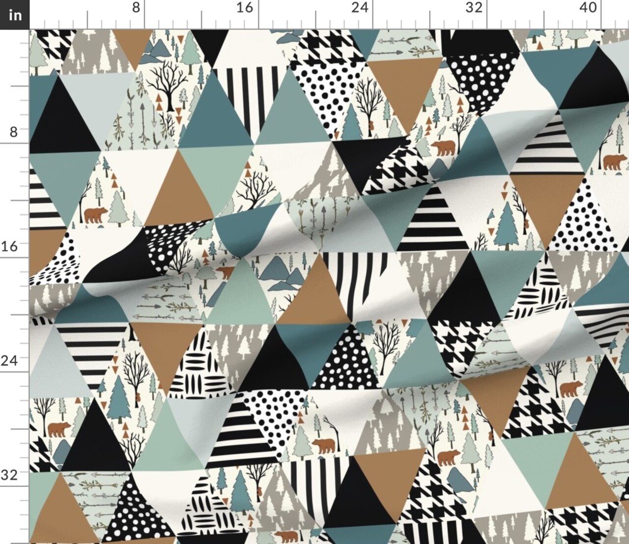 Woodland Cheater Quilt Whole Cloth Triangle Sage Sienna Bear Forest Black And White Custom Printed Fabric by Spoonflower Various Fabrics by the Yard or Fat Quarter